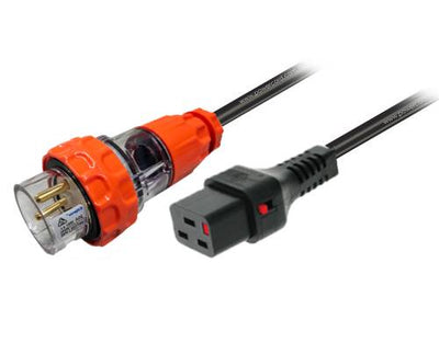 RackPower CF3FK400-32 - 20A 56 Series Generic 3pin Angled Orange IP66 fitted plug to 16A C19-Lock fitted socket on 4m 2.5mm2 black lead