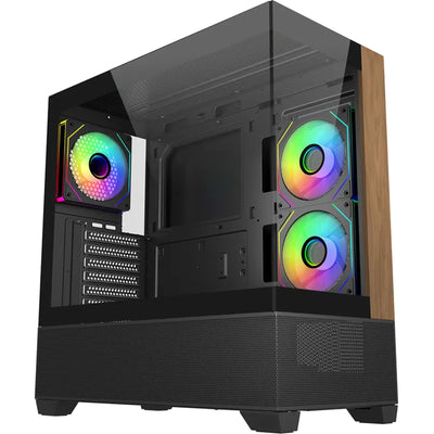 Cooler Master Elite 690 Tempered Glass ATX Tower Gaming Case - Wood Black