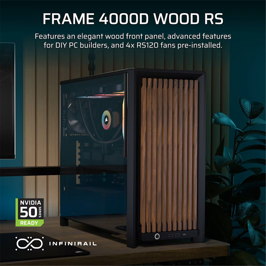Corsair FRAME 4000D Wood RS Modular Tempered Glass ATX Mid Tower Gaming Case - Black & Walnut