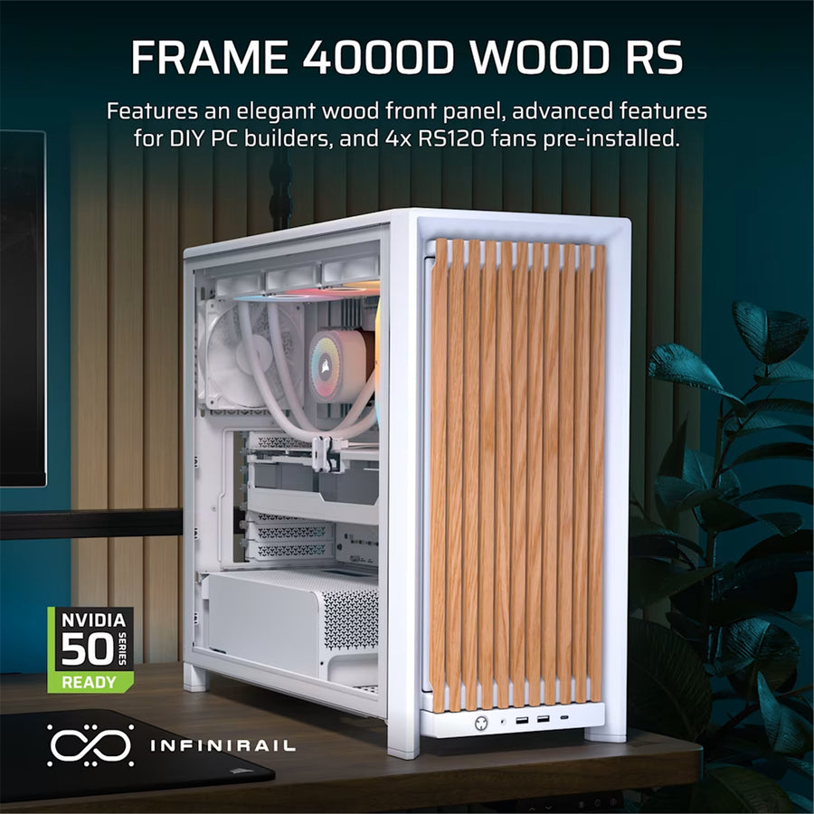 Corsair FRAME 4000D Wood RS Modular Tempered Glass ATX Mid Tower Gaming Case - White & Oak