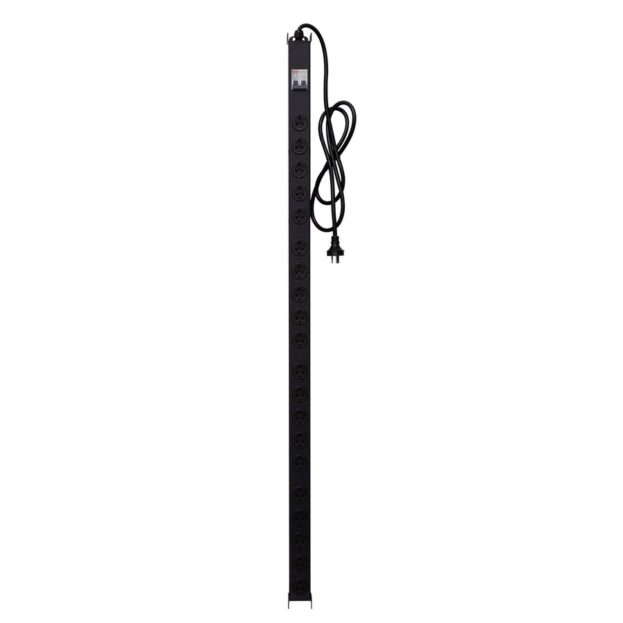 Dynamix RPR-20V15MCB 20 Outlet Vertical Power Rail (10A) with 6kA C-Curve MCB Circuit Breaker, AU/NZ on/off switch & 50mm Recessed Brackets, 15A 3 Pin Plug, Vertical Height 1293mm, Colour Black