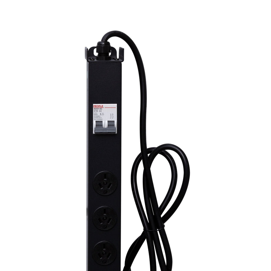 Dynamix RPR-20V15MCB 20 Outlet Vertical Power Rail (10A) with 6kA C-Curve MCB Circuit Breaker, AU/NZ on/off switch & 50mm Recessed Brackets, 15A 3 Pin Plug, Vertical Height 1293mm, Colour Black