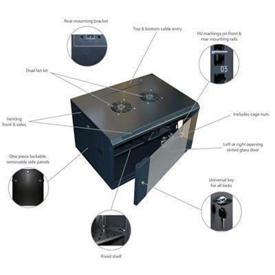 DYNAMIX RWM9 - 9RU Wall Mount Cabinet 450mm Deep (600 x 450 x 501mm) Incl 1x Fixed Shelf 2x Fan