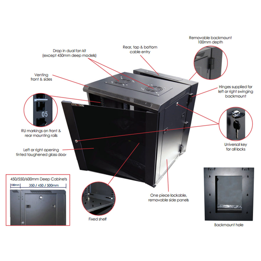 DYNAMIX RSFDS4-450 - 4RU Universal Swing Wall Mount Cabinet. Back mount supplied Left & Right Hinges