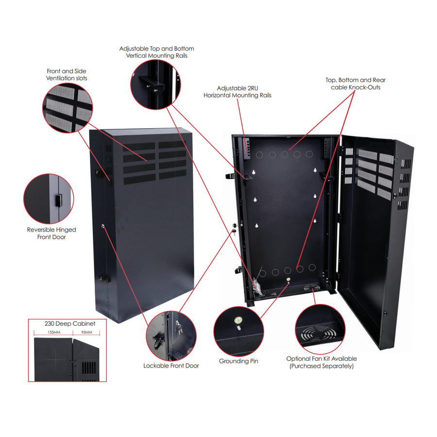 DYNAMIX RVWM0204 - 4RU Vertical Wall Mount Cabinet w/ 2RU Horizontal Mounting Rails. 650x230x1070mm