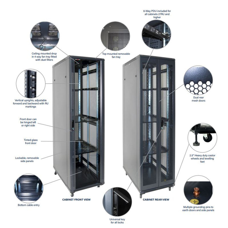 DYNAMIX RSR37-6X6 - 37RU Server Cabinet 600mm Deep (600x600x1853mm). Incl 2x Fixed Shelves 4x Fans
