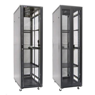 Dynamix 45RU Server Cabinet 500mm Deep (600x500x2100mm). Includes 3x Fixed Shelves, 4x Fans, 25x Cage Nuts, 4x Castors & 4x Level Feet. Black Gloss Colour, Tinted Glass Door, Removable Sides,