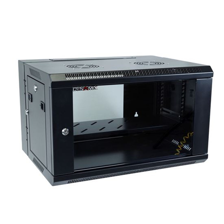 Dynamix RSFDS6 6RU Universal Swing Wall Mount Cabinet. 600x550x368mm Includes 1x Fixed Shelf, 2x Fans,10xCage Nuts, Black Gloss colour, Side Entry
