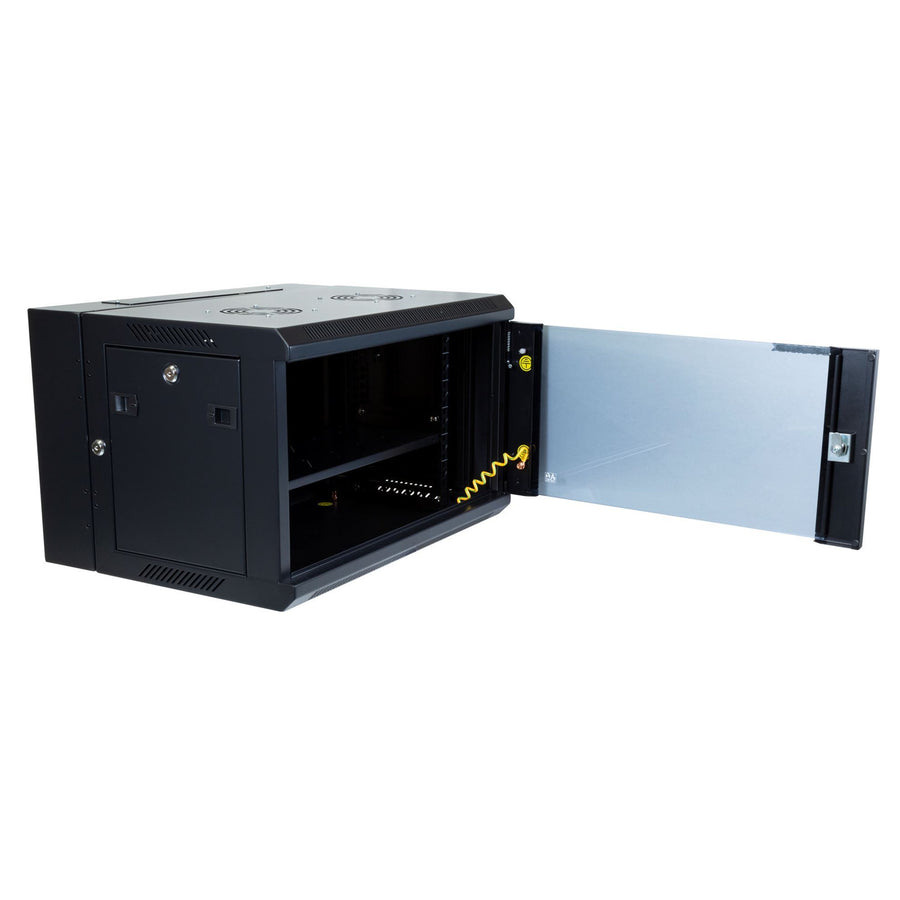 Dynamix RSFDS6 6RU Universal Swing Wall Mount Cabinet. 600x550x368mm Includes 1x Fixed Shelf, 2x Fans,10xCage Nuts, Black Gloss colour, Side Entry