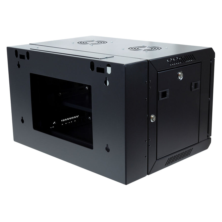 Dynamix RSFDS6 6RU Universal Swing Wall Mount Cabinet. 600x550x368mm Includes 1x Fixed Shelf, 2x Fans,10xCage Nuts, Black Gloss colour, Side Entry