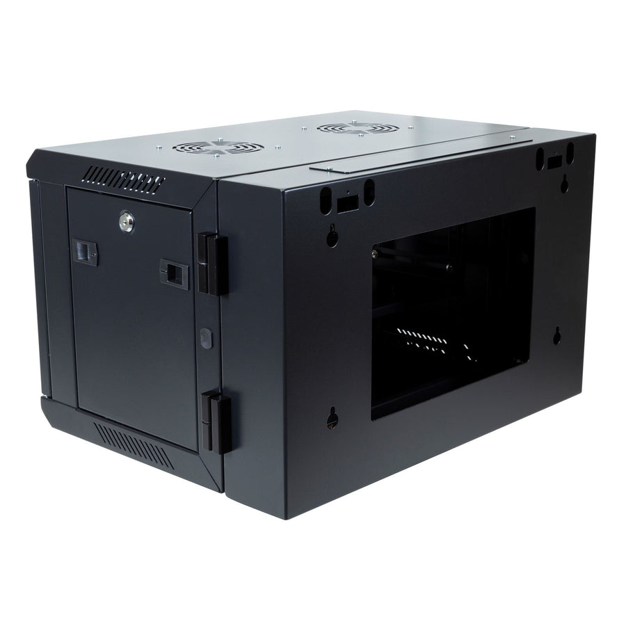 Dynamix RSFDS6 6RU Universal Swing Wall Mount Cabinet. 600x550x368mm Includes 1x Fixed Shelf, 2x Fans,10xCage Nuts, Black Gloss colour, Side Entry