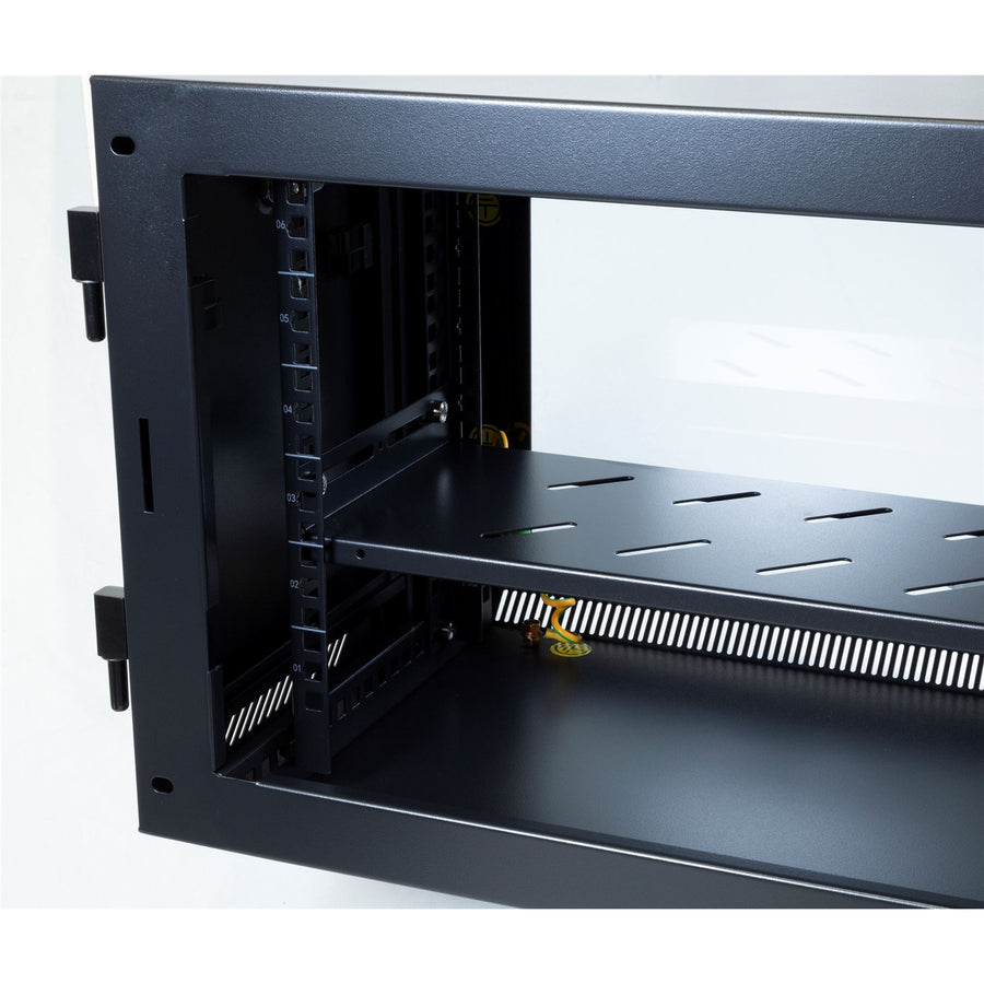 Dynamix RSFDS6 6RU Universal Swing Wall Mount Cabinet. 600x550x368mm Includes 1x Fixed Shelf, 2x Fans,10xCage Nuts, Black Gloss colour, Side Entry