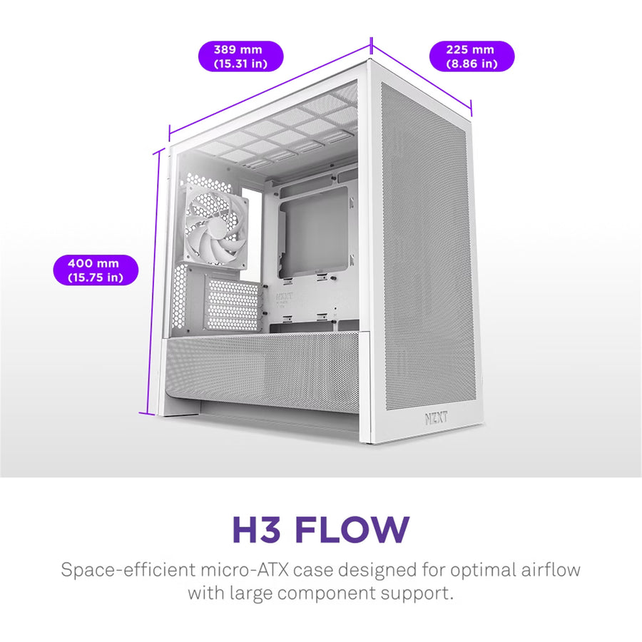 NZXT H3 Flow Tempered Glass mATX Micro Tower Gaming Case - White