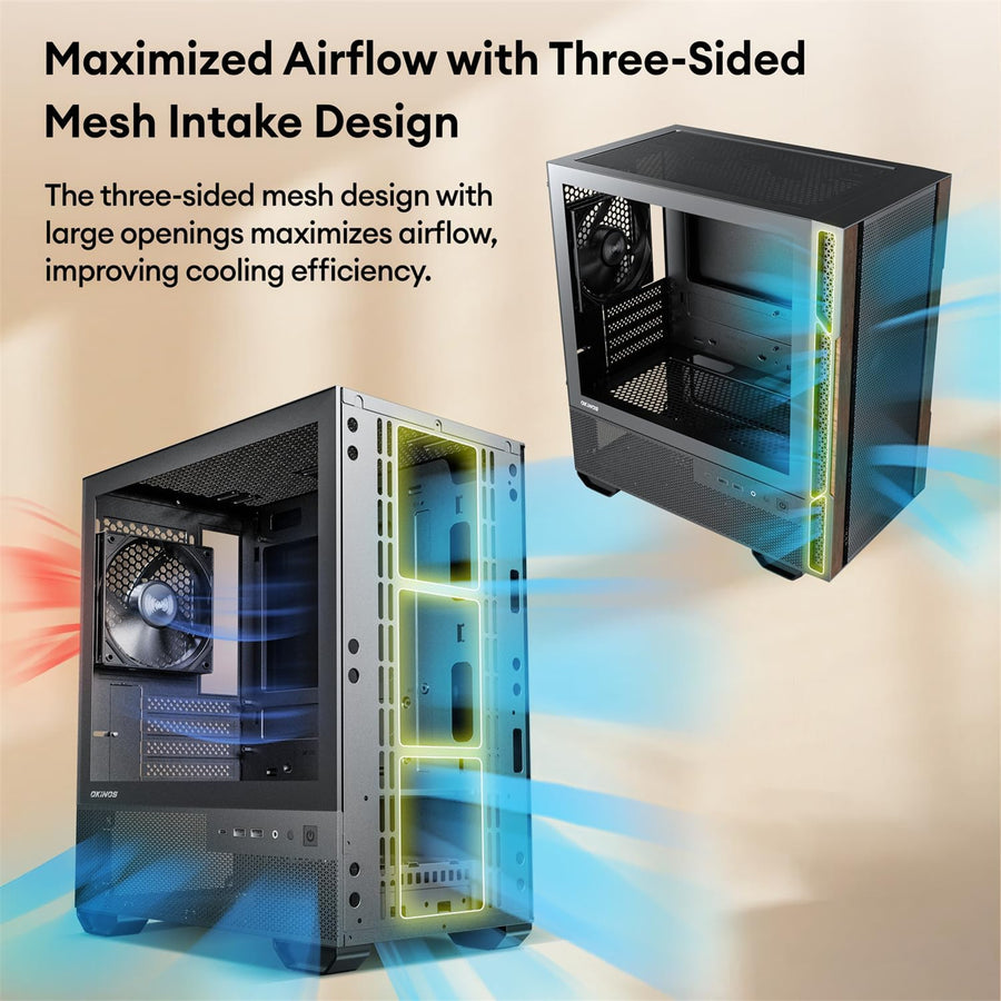 OKINOS Cypress 3  Tempered Glass mATX Mini Tower Gaming Case - Wood Edition
