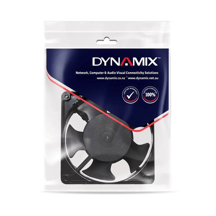 Dynamix RAFAN Additional 230V AC Fan for Cabinets & Racks. Air Flow 50 100CBM/H. Dimensions: 120mm x 120mm x 40mm. Mounting Dimensions: 105mm x 105mm. A. 0.14A