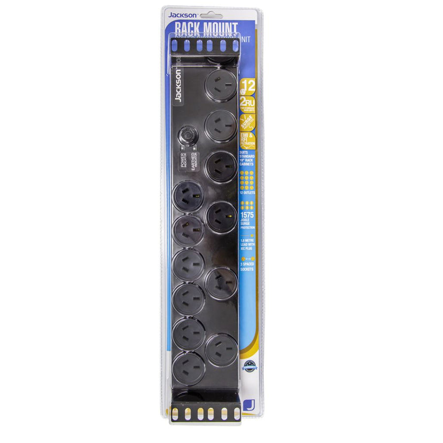 JACKSON RAC1200 - 2RU 12x Outlet Horizontal Power Rail. Surge Protect 525J 10A Overload Protect. 1.8m