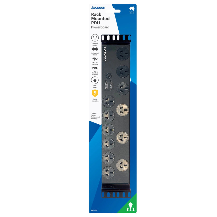 JACKSON RAC1200 - 2RU 12x Outlet Horizontal Power Rail. Surge Protect 525J 10A Overload Protect. 1.8m