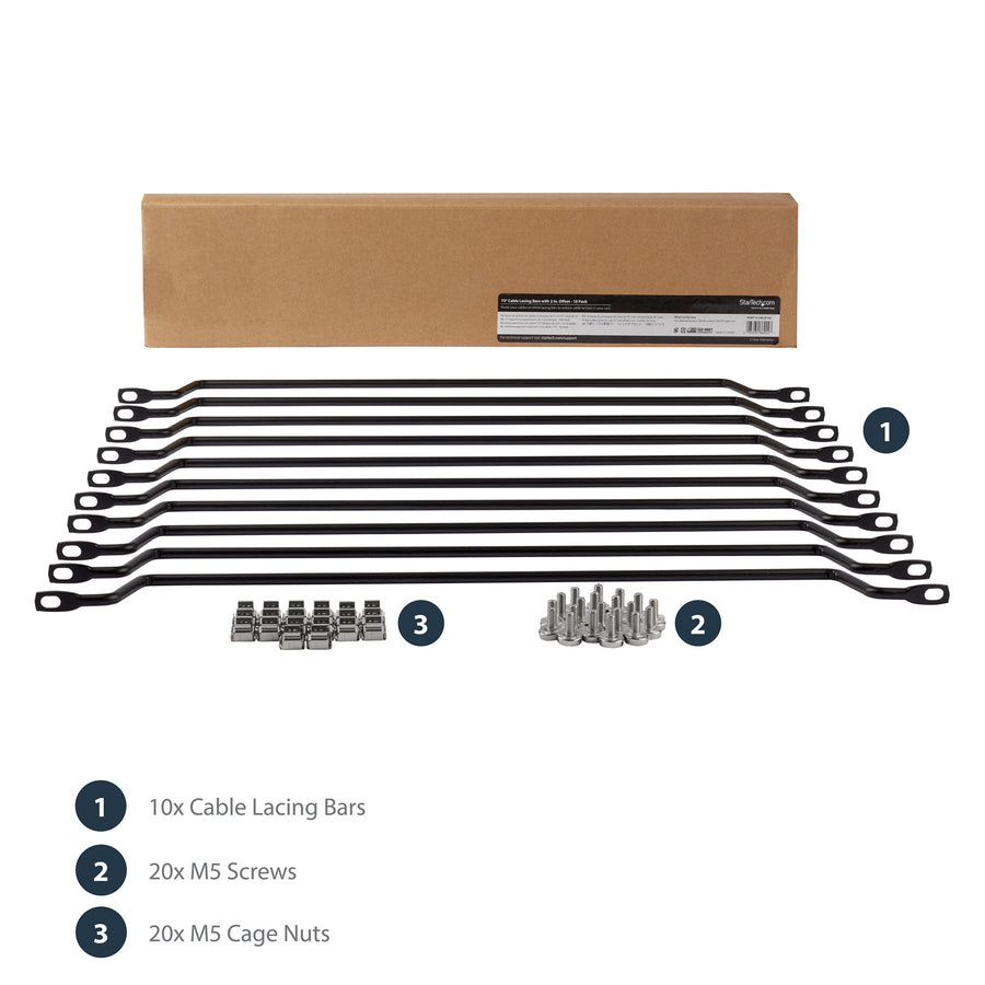 StarTech.com CMLB102 Horizontal Lacing Bar w/ 2" Offset at 75 Degrees - Server Rack Cable Management - 19" Network Rack Mount Cord Organizer- 10 Pack