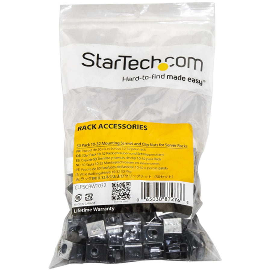 StarTech.com CLPSCRW1032 50er-Pack 10-32 19mm Schrauben und Käfigmuttern für 19 Zoll oder 10 Zoll Serverschränke, -Gehäuse und -Racks, Schwarz und Silber – TAA