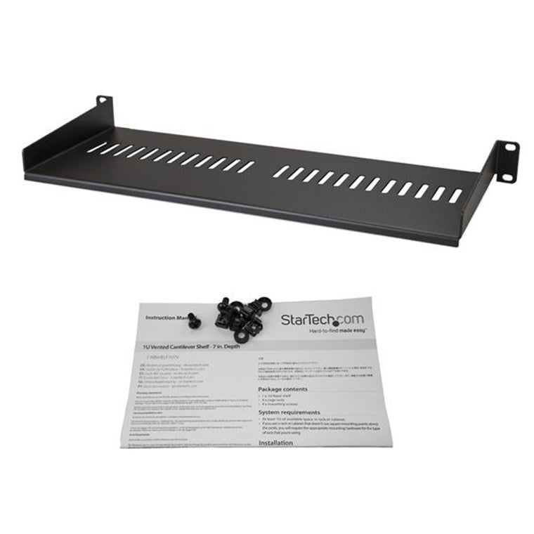 StarTech.com CABSHELF1U7V 1U Vented Server Rack Cabinet Shelf - 7in Deep Fixed Cantilever Tray - Rackmount Shelf for 19" AV/Data/Network Equipment Enclosure with Cage Nuts & Screws - 44lbs capacity