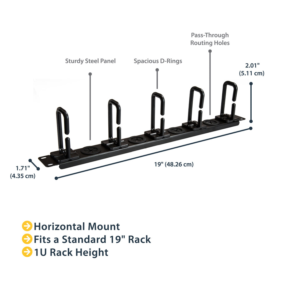 StarTech.com CABLMANAGERH 1U 19" Cable Management Organizer - D Ring Hook Network/Server Rack Cord Manager - Data Center Horizontal Wire Panel with Passthrough Holes w/Mounting HW - EIA/ECA-310-E
