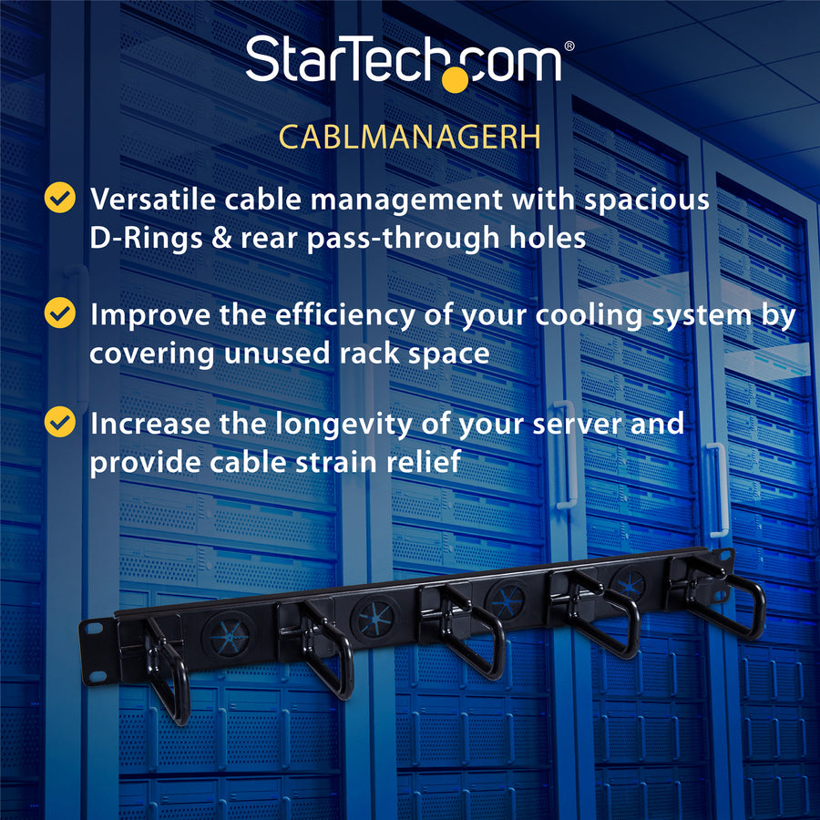 StarTech.com CABLMANAGERH 1U 19" Cable Management Organizer - D Ring Hook Network/Server Rack Cord Manager - Data Center Horizontal Wire Panel with Passthrough Holes w/Mounting HW - EIA/ECA-310-E