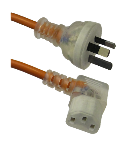 RackPower CM1NC200M-SL - 10A 3 pin Clear plug to 10A C13 IEC Left-hand angled Clear socket on 2m 1mm2 Orange lead