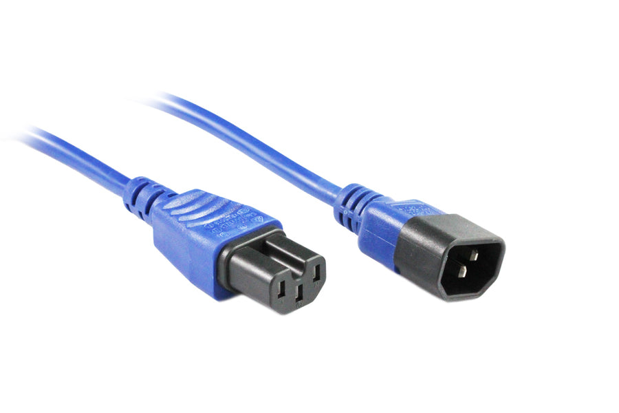 RackPower CM1CH050B - 10A C14 IEC plug to 10A C15 IEC 120 degree high temperature socket on 0.5m 1mm2 Blue rubber lead. TARIFF: 8544.42.29