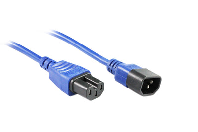 RackPower CM1CH150B - 10A C14 IEC plug to 10A C15 IEC 120 degree high temperature socket on 1.5m 1mm2 Blue rubber lead