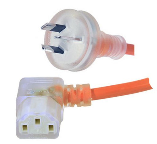 RackPower CM1NC200M-SR - 10A 3 pin Clear plug to 10A C13 IEC Right-hand angled Clear socket on 2m 1mm2 Orange lead