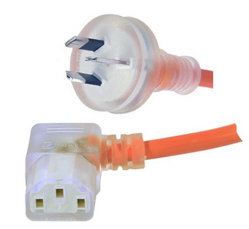 RackPower CM1NC200M-SR - 10A 3 pin Clear plug to 10A C13 IEC Right-hand angled Clear socket on 2m 1mm2 Orange lead