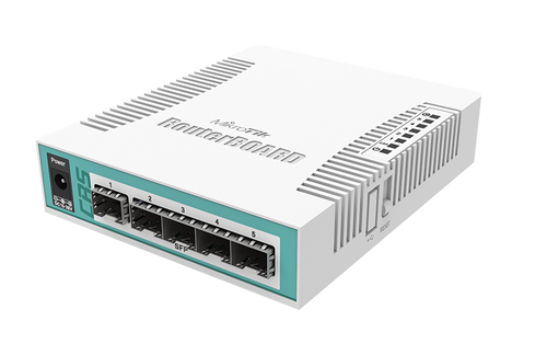 CRS106-1C-5S - MikroTik Cloud Router Switch 106-1C-5S with QCA8511 400MHz CPU, 128MB RAM, 1x Combo port (Gigabit Ethernet or SFP), 5 x SFP cages, RouterOS L5