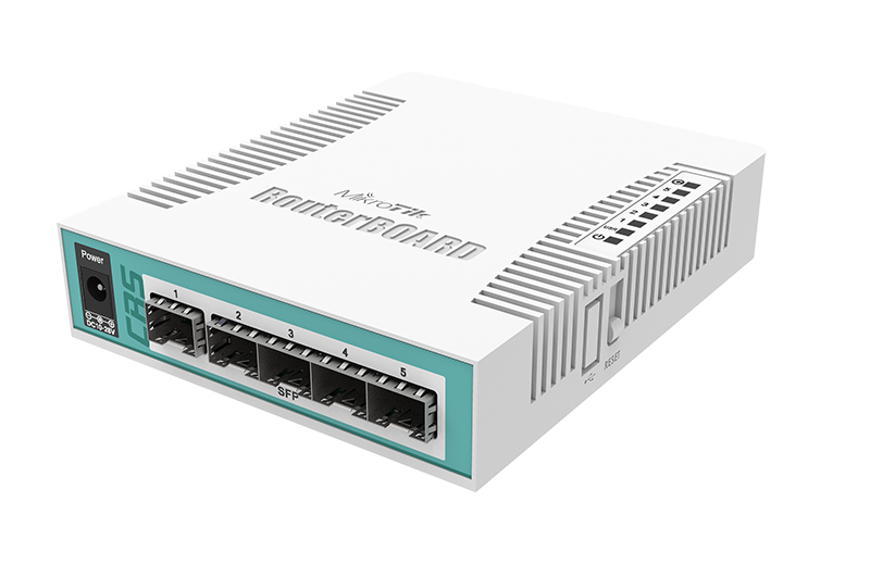 MikroTik CRS106-1C-5S - Cloud Router Switch 106-1C-5S with QCA8511 400MHz CPU, 128MB RAM, 1x Combo port (Gigabit Ethernet or SFP), 5 x SFP cages, RouterOS L5