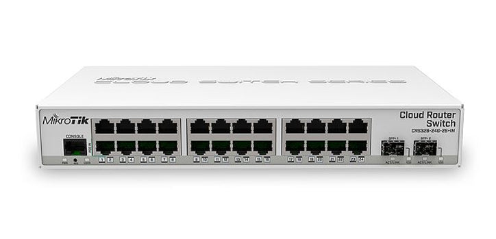 MikroTik CRS326-24G-2S+IN - Cloud Router Switch 326-24G-2S+IN 800 MHz CPU, 512MB RAM, 24xGigabit LAN, 2xSFP+ cage,  RouterOS L5 or SwitchOS (dual boot), PSU