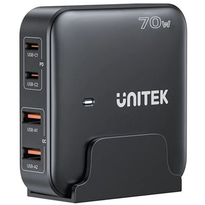 Unitek P1228ABK 70W Desktop GaN Charging Station with 2x USB-C PD Ports & 2x USB-A QC3.0 Ports. - Black Colour
