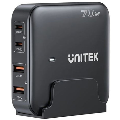 Unitek P1228ABK 70W Desktop GaN Charging Station with 2x USB-C PD Ports & 2x USB-A QC3.0 Ports. - Black Colour