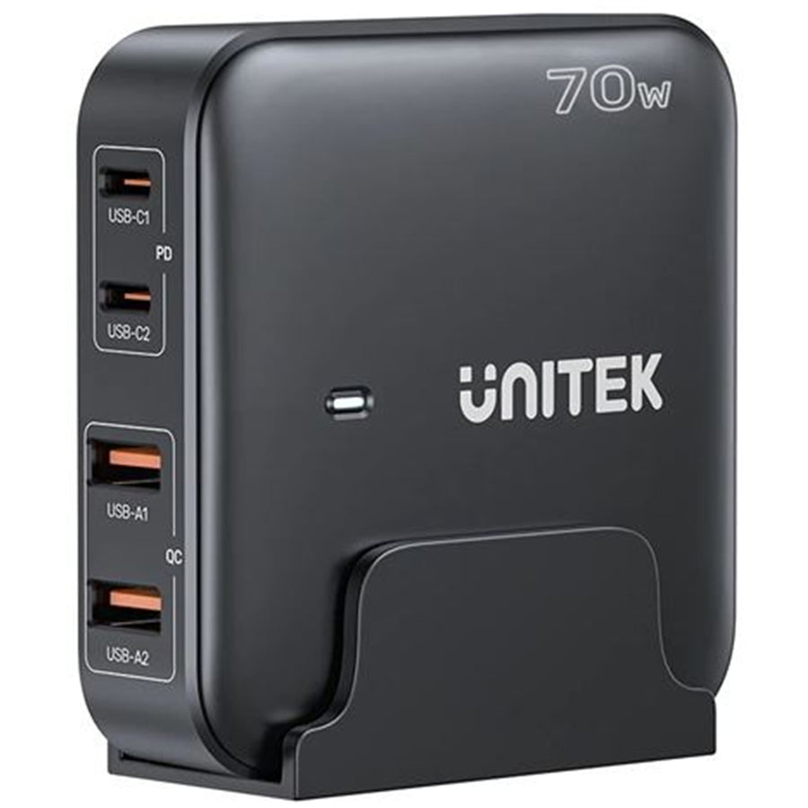 Unitek P1228ABK 70W Desktop GaN Charging Station with 2x USB-C PD Ports & 2x USB-A QC3.0 Ports. - Black Colour