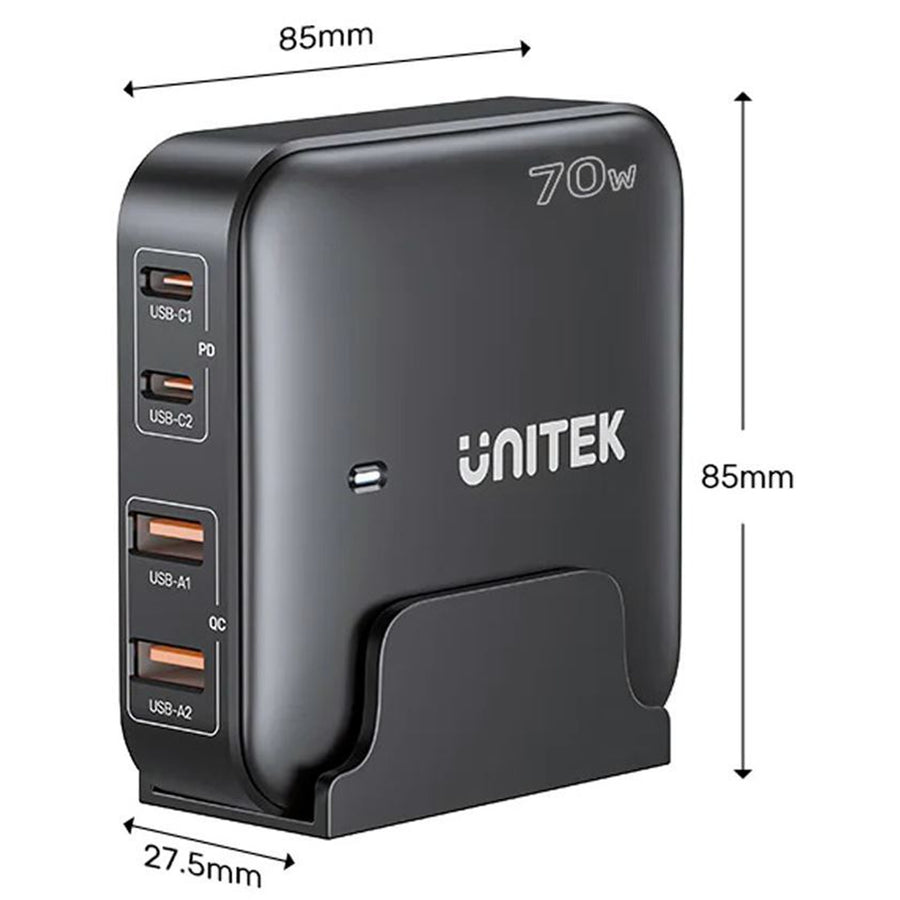 Unitek P1228ABK 70W Desktop GaN Charging Station with 2x USB-C PD Ports & 2x USB-A QC3.0 Ports. - Black Colour