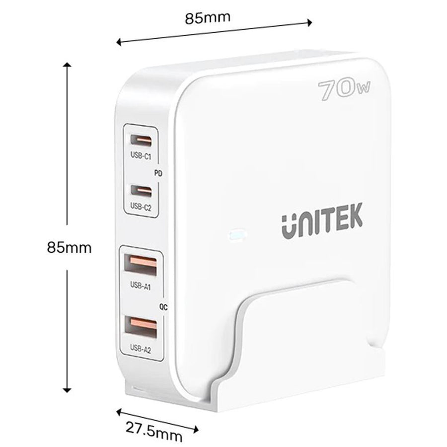 Unitek P1228AWH - 70W Desktop GaN Charging Station 2x USB-C PD Ports & 2x USB-A QC3.0 Ports.