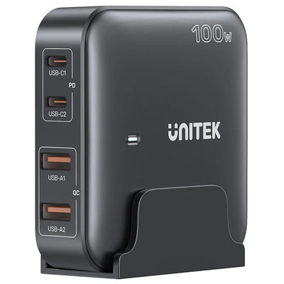 Unitek P1229ABK 100W Desktop GaN Charging Station with 2x USB-C PD Ports & 2x USB-A QC3.0 Ports - Black