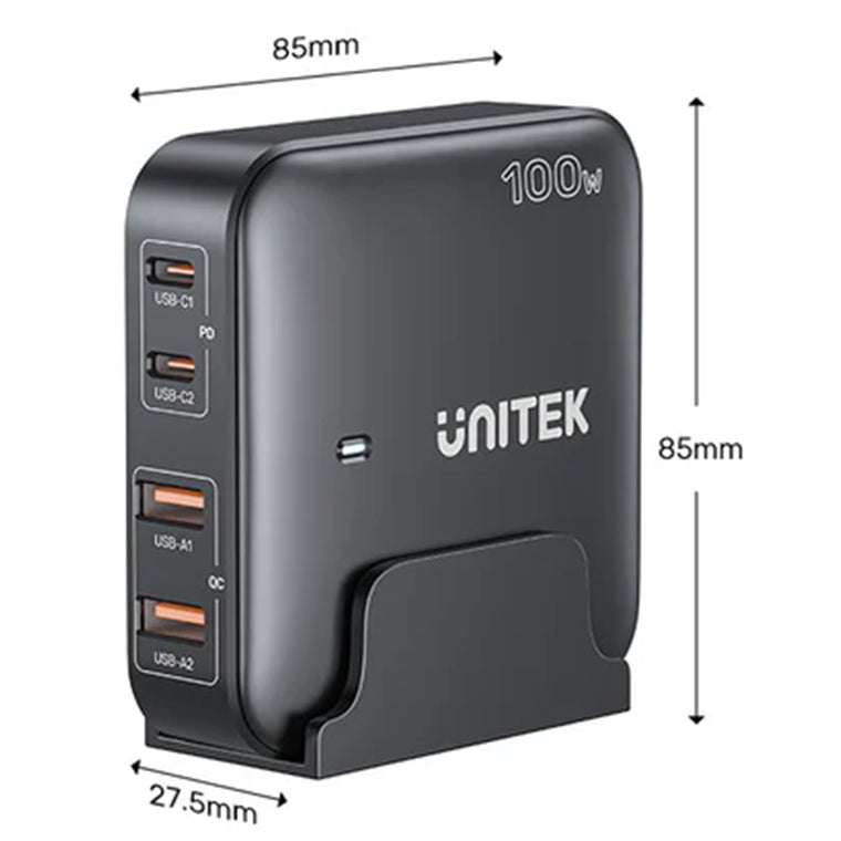 Unitek P1229ABK 100W Desktop GaN Charging Station with 2x USB-C PD Ports & 2x USB-A QC3.0 Ports - Black