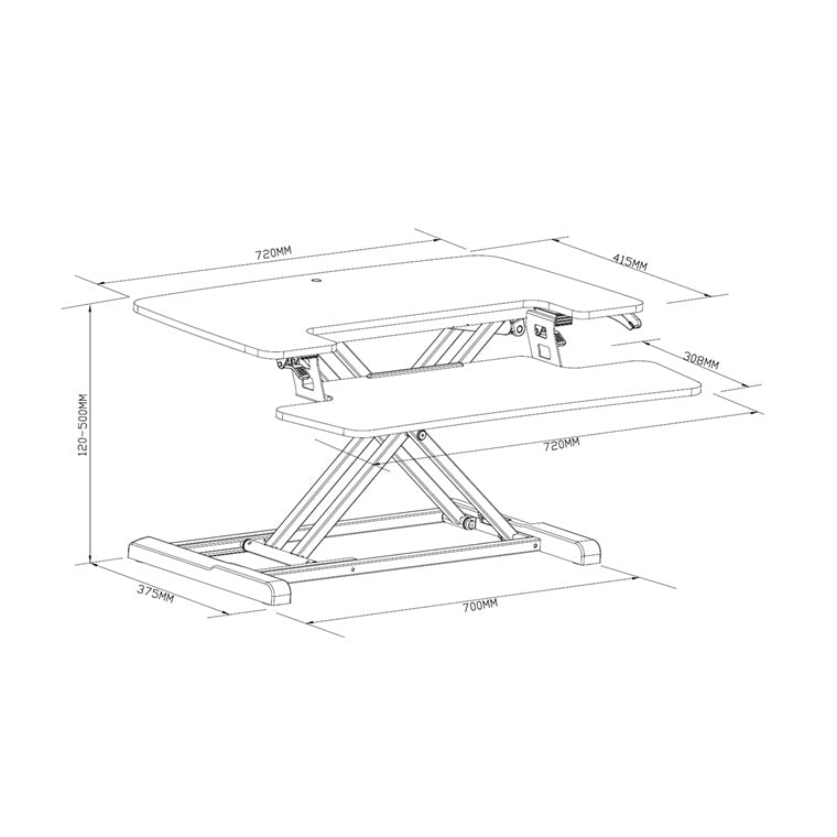 FlexiSpot Eco Ergonomic Deskalator Workstation - Black - Work Surface 720x415mm - Removable Keyboard Tray Size 720x308mm - Height Adjustable 120-500mm - Stroke 380mm - Load Capacity 15kg - 5 Years Warranty