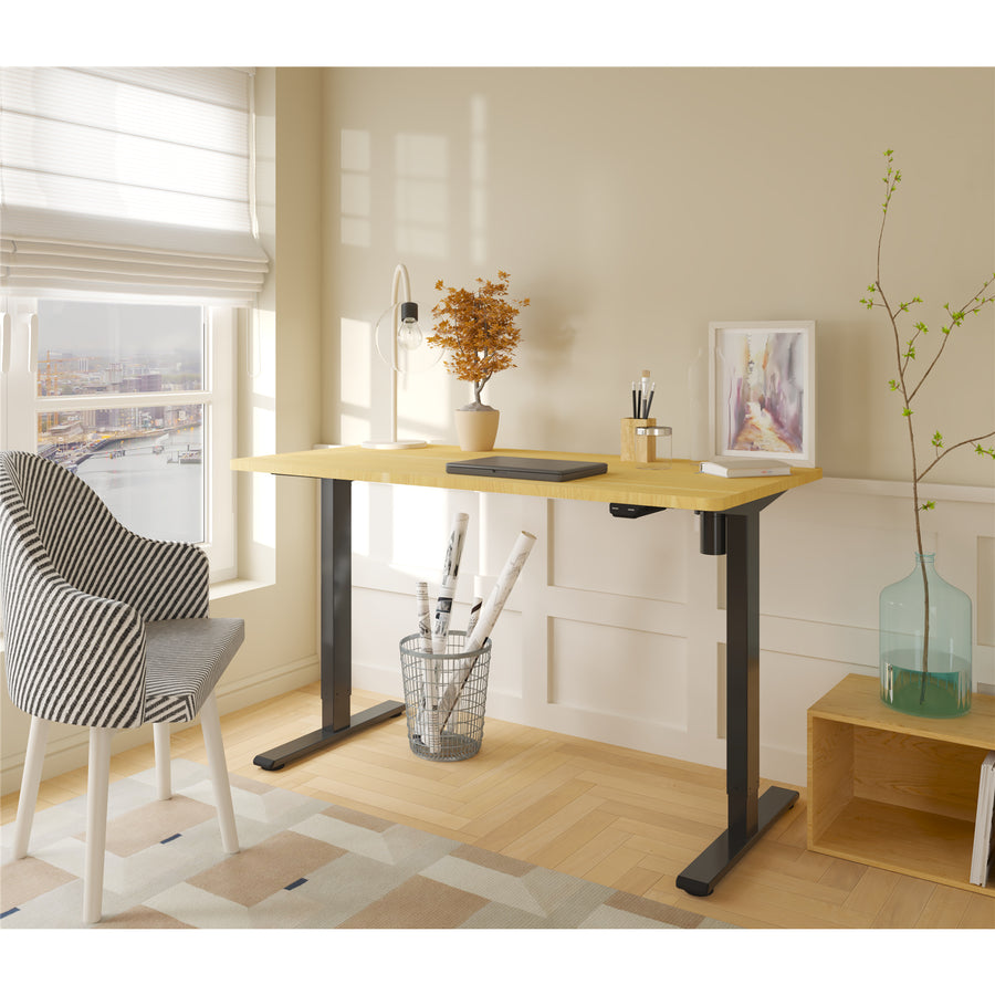 FlexiSpot E2 Essential Standing Desk - 1200x600x25mm - Honey Oak Colour Desktop/Black Frame - Single Motor - Height Adjustable Range 710-1210mm - Weight Capacity 70kg, Speed 25mm/s - UP/Down Controler With USB Port