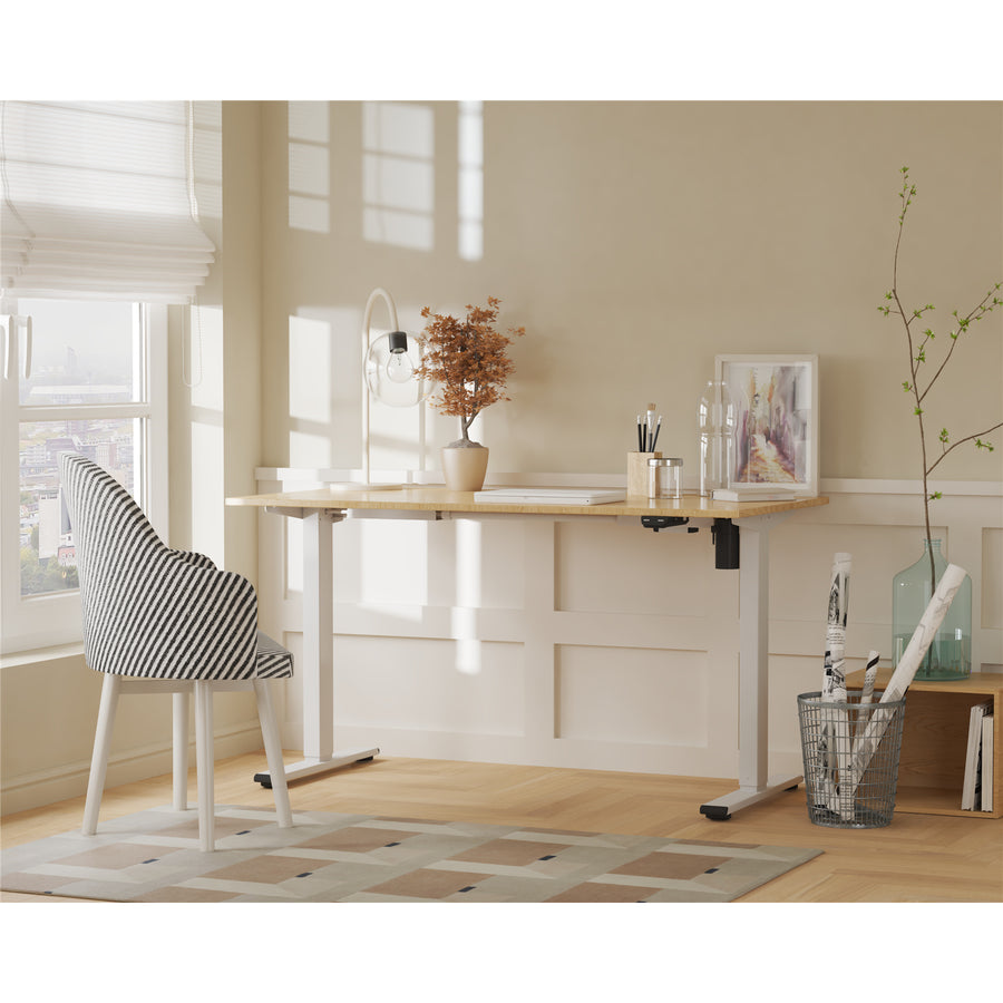 FlexiSpot E2 Essential Standing Desk - 1200x600x25mm - Honey Oak Colour Desktop/White Frame - Single Motor - Height Adjustable Range 710-1210mm - Weight Capacity 70kg, Speed 25mm/s - UP/Down Controler With USB Port