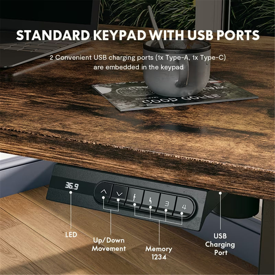 FlexiSpot E2 Pro Essential Standing Desk - 1200x600x25mm - White Desktop/White Frame - Single Motor - Height Adjustable Range 710-1210mm - Weight Capacity 70kg, Speed 25mm/s - 4 Presets Buttons Keypad with USB Ports (1x USB-A, 1x USB-C)