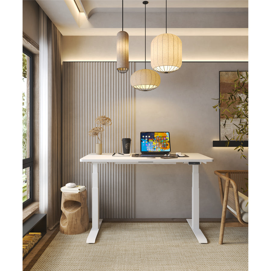 FlexiSpot E7 Premium Ergonomic Office Standing Desk WFH - 1400x700x25mm - White Curve MDF Tabletop - Dual Motors - 3 Stage Height Range 580-1230mm - Programmable Height Memory Control - Weight Capacity 125kg