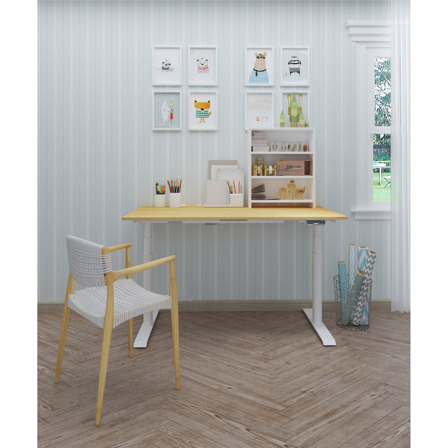 FlexiSpot E8 Premium Height Adjustable WFO & WFH Standing Desk - 1800x800mm - Honey Oak Colour Chipboard - White Oval Column Frame - Dual Motors 3-Stages - Height Range 600-1250mm - Weight Capacity 125kg, Speed 38mm/s, 3 programmable preset