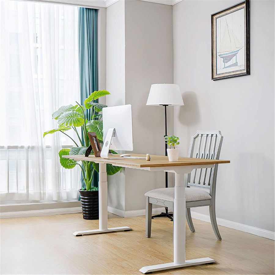 FlexiSpot E8 Premium Height Adjustable WFO & WFH Standing Desk - 1800x800mm - Honey Oak Colour Chipboard - White Oval Column Frame - Dual Motors 3-Stages - Height Range 600-1250mm - Weight Capacity 125kg, Speed 38mm/s, 3 programmable preset