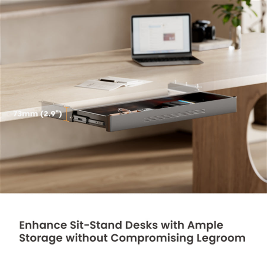 KONIC Ultra Slim Under Desk Storage Drawer - Black - Dimensions 788x266 - 462x73mm - Applicable to 1m x 0.7m or above standing desk.  Fits For Flexispot & Loctek Desk