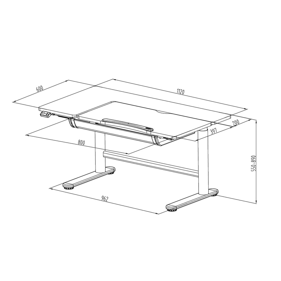 Loctek Ergonomic Study Height Adjustable Desk - 1120x600mm Tabletop - Book Shelf Holder - Storage Drawer - Bag Hook - Tilt Adjustment - Height Range 550-890mm - Loading 40kg - Lifting Speed 15mm/s